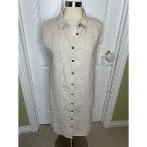 Women’s Shirt Dress XL Beige Linen Casual Collard Button Up Minimalist H Halston
